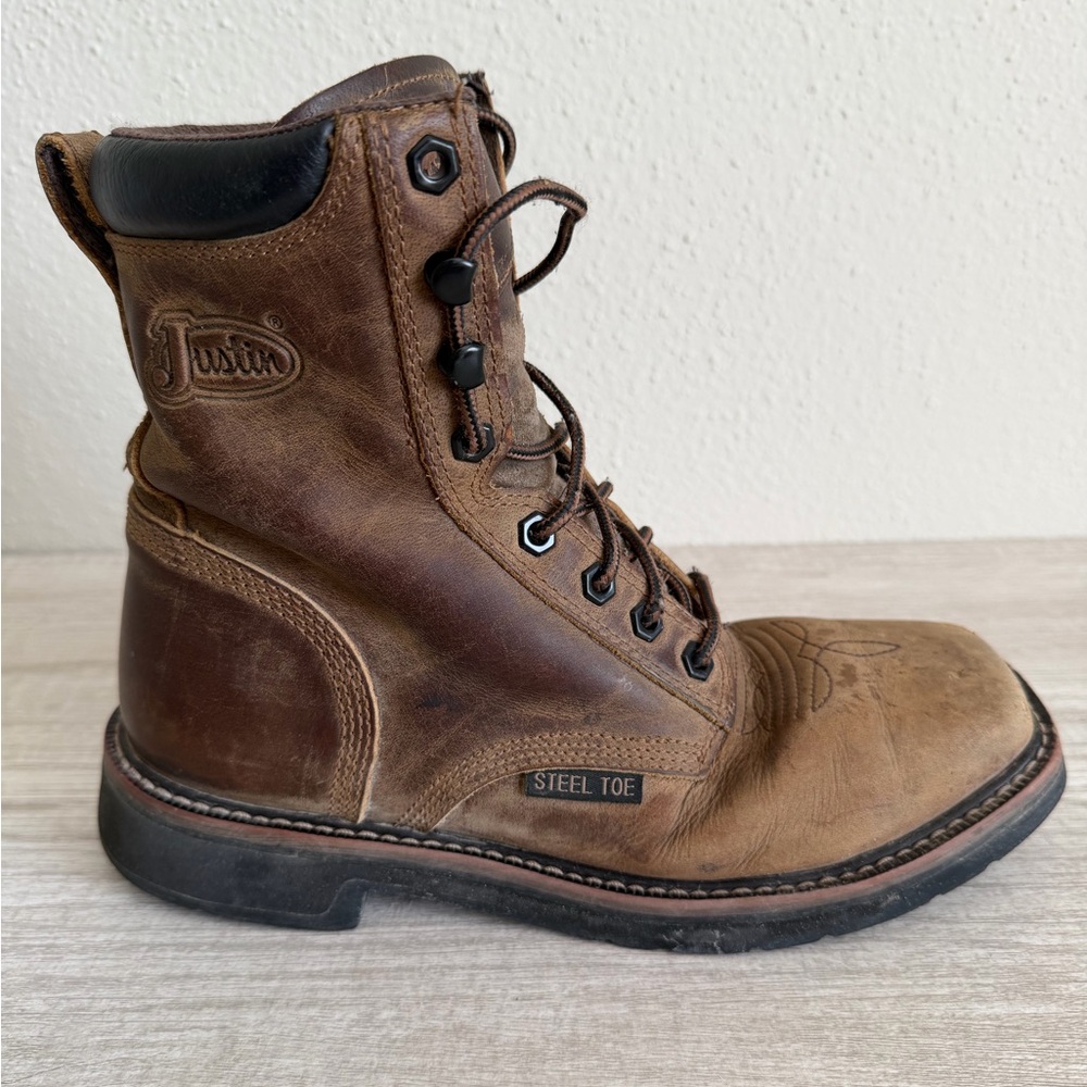 Justin Mens Pulley Brown Steel Toe Lace Up Western Work Boots SE682 size 6D - Picture 8 of 15